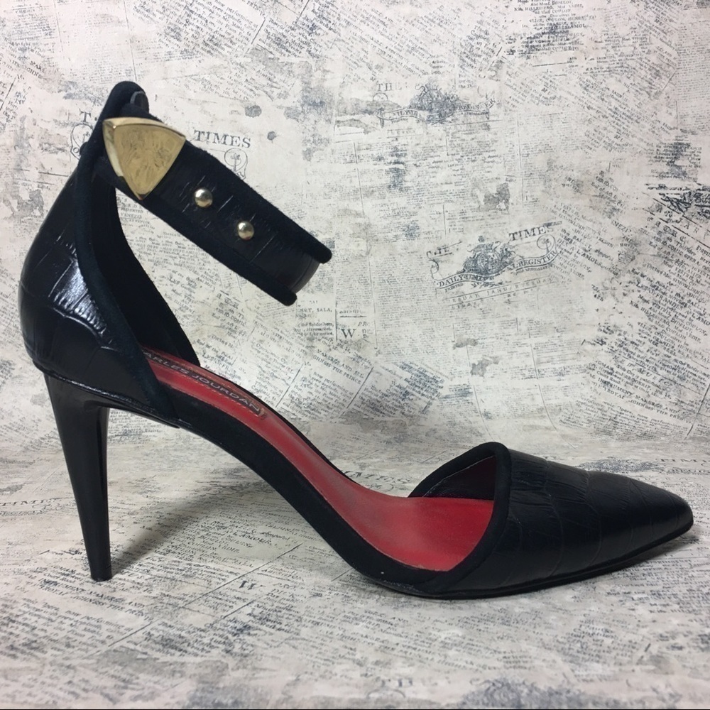Charles Jourdan Paris Raven Black Croc Embossed Leather Ankle Strap Pumps